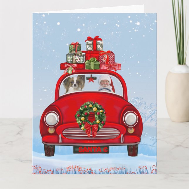 Tarjeta Perro Papillon en coche con Papá Noel (Anverso)