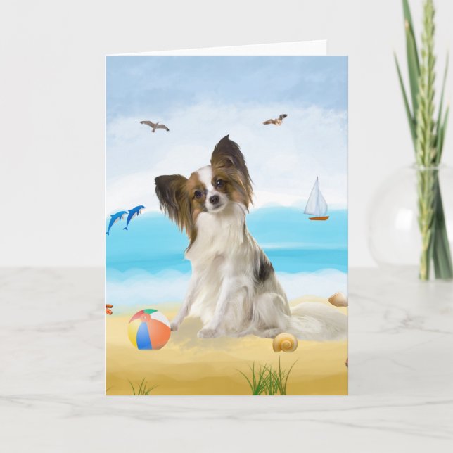 Tarjeta Perro Papillon en la playa  (Anverso)
