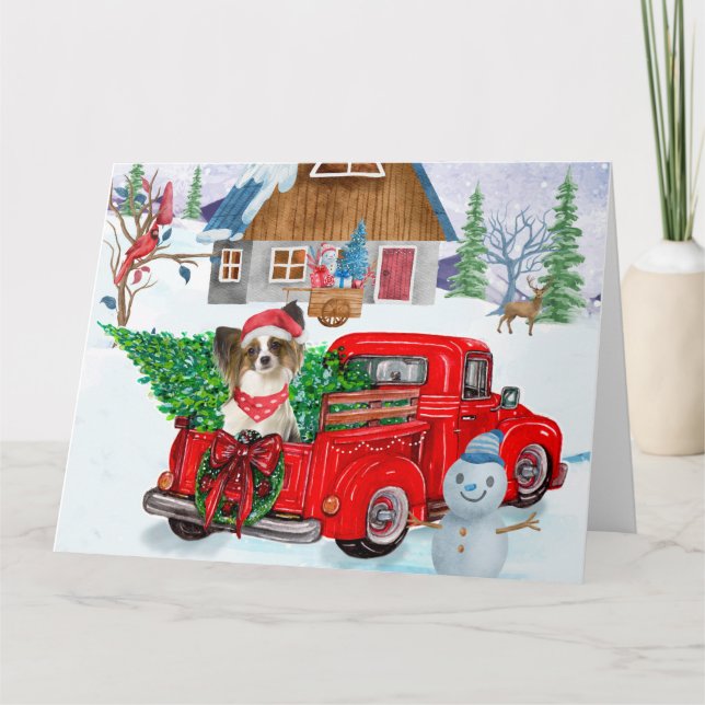 Tarjeta Perro Papillon En Nieve De Camión De Entrega De Na (Anverso)