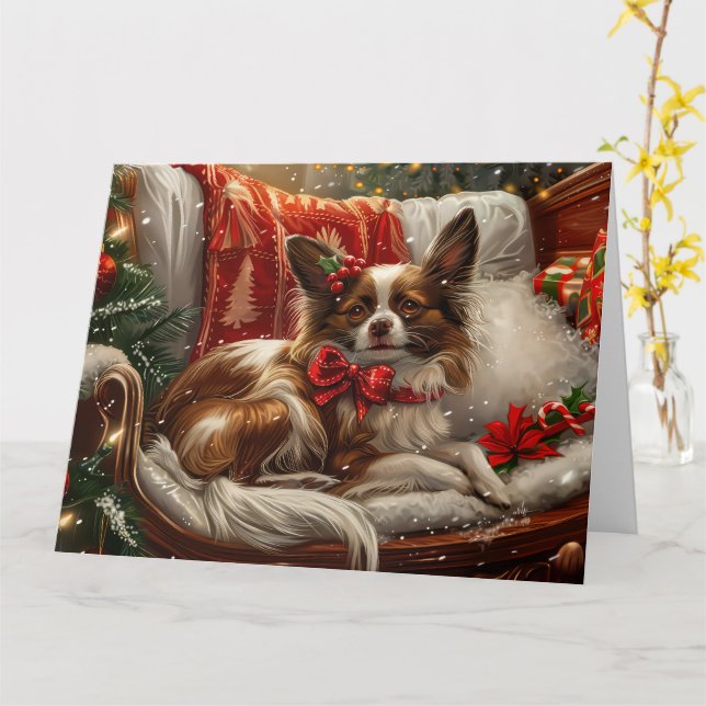 Tarjeta Perro Papillon Navidad Festiva (flor amarilla)