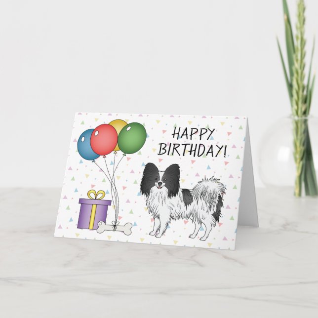 Tarjeta Perro Papillón Negro Y Blanco Feliz Cumpleaños (Anverso)