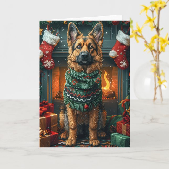 Tarjeta Perro pastor alemán con chimenea de regalos de Nav (flor amarilla)