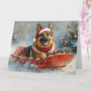 Tarjeta Perro pastor alemán en trineo nieve Navidad