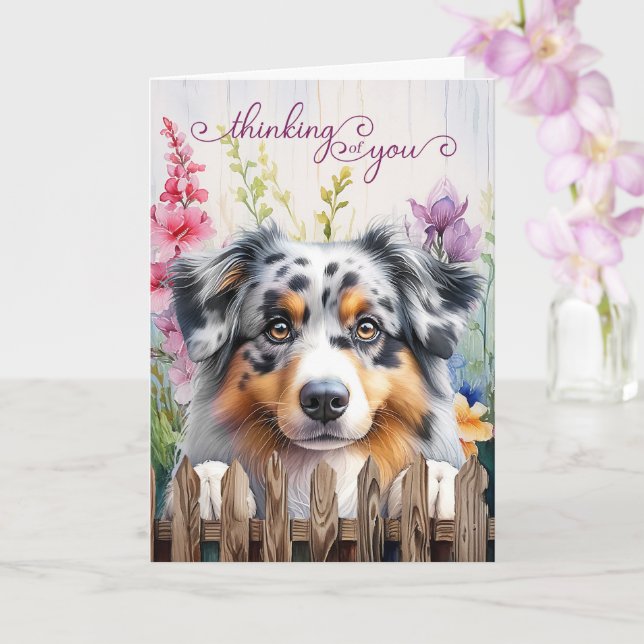 Tarjeta Perro Pastor Australiano Cerca Pensando en Ti (Orquídea)