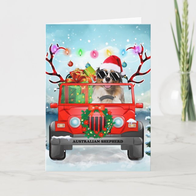 Tarjeta Perro pastor australiano con regalos de Navidades (Anverso)