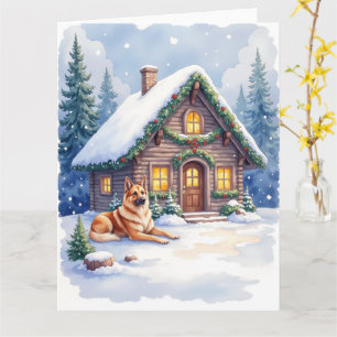 Tarjeta Perro pastor caucásico cabaña de montaña Navidad
