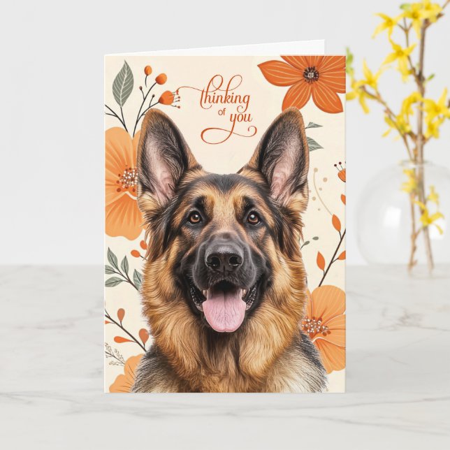 Tarjeta Perro Pastor Flores Naranjas Retro Pensando en Ti (flor amarilla)