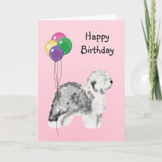 Tarjeta Perro pastor inglés viejo, globos del cumpleaños