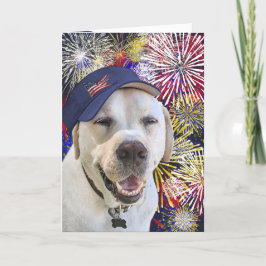 Tarjeta Perro patriótico de cumpleaños y fuegos artificial