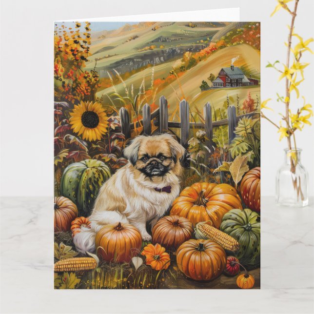 Tarjeta Perro Pekín cosecha otoño Acción de Gracias (flor amarilla)