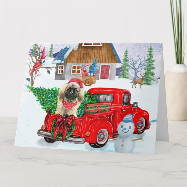 Tarjeta Perro Pekín En Nieve De Camión De Entrega De Navid (Anverso)