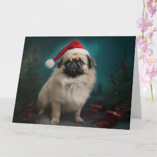 Tarjeta Perro pekinés en Navidades de nieve