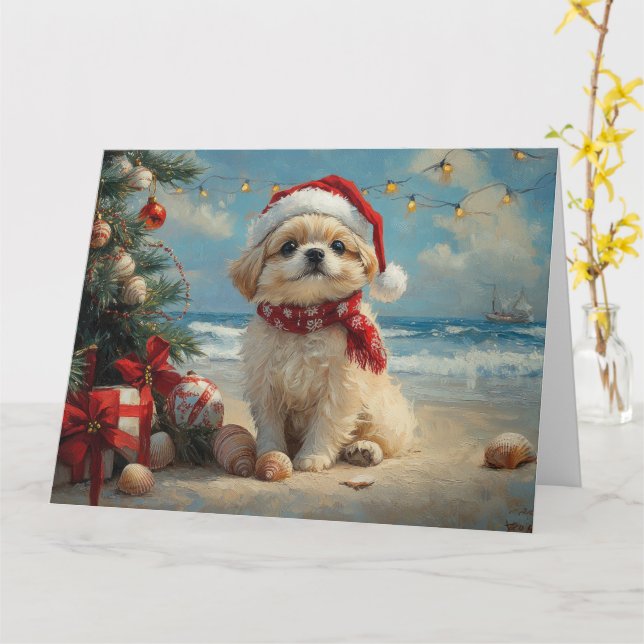 Tarjeta Perro Pekinés Navidad Vintage Playa (flor amarilla)