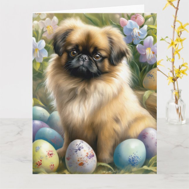 Tarjeta Perro pekingés con festividad de huevos de Pascua (flor amarilla)