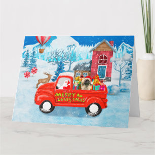 Tarjeta Perro pequinés camión de entrega de Navidad Nieve