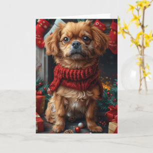 Tarjeta Perro Pequinés con chimenea de regalos de Navidad