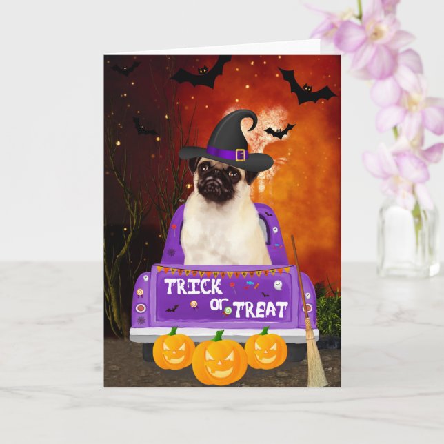 Tarjeta Perro picado en un camión de Halloween (Orquídea)