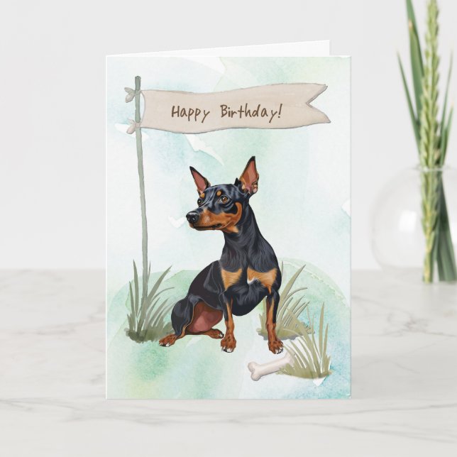 Tarjeta Perro Pinscher en miniatura bajo Rótulo de cumplea (Anverso)