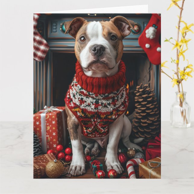Tarjeta Perro Pitbull con regalos de Navidad junto a chime (flor amarilla)