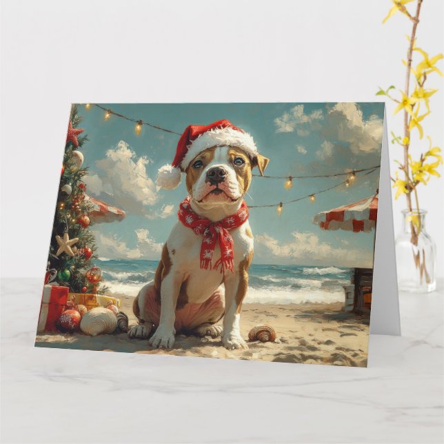 Tarjeta Perro Pitbull Navidad Vintage Playa (flor amarilla)