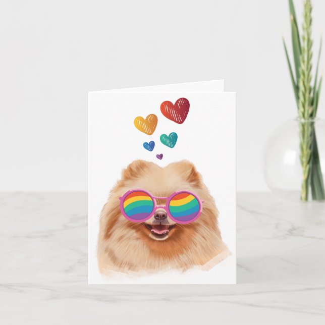 Tarjeta Perro Pomerania con Corazones Día de San Valentín (Anverso)