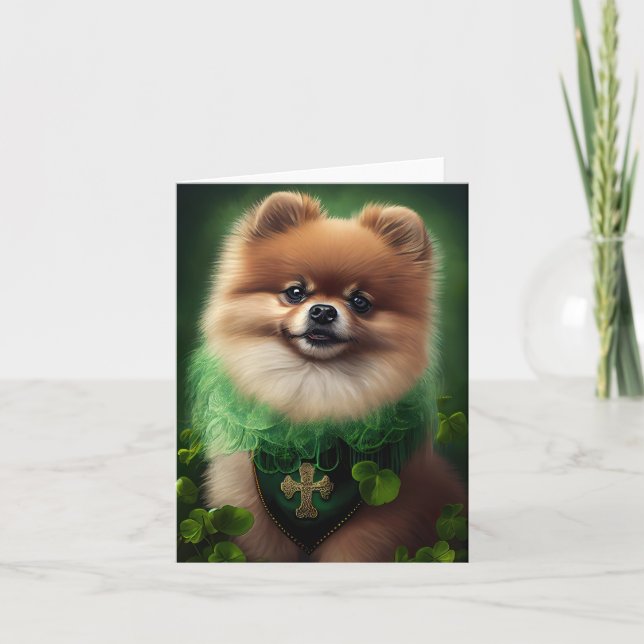 Tarjeta Perro Pomerania con Ropa de San Patricio (Anverso)