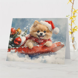 Tarjeta Perro Pomerania en Trineo Deja que Nieve Navidad