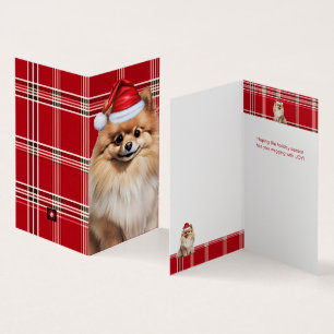 Tarjeta Perro Pomerania Fiesta Cuadros Rojos Navidad