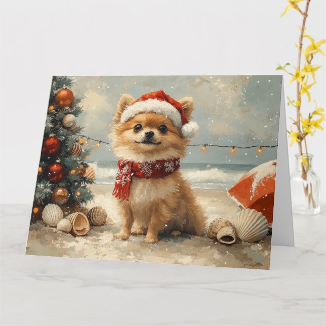 Tarjeta Perro Pomerania Navidad Vintage Playa (flor amarilla)