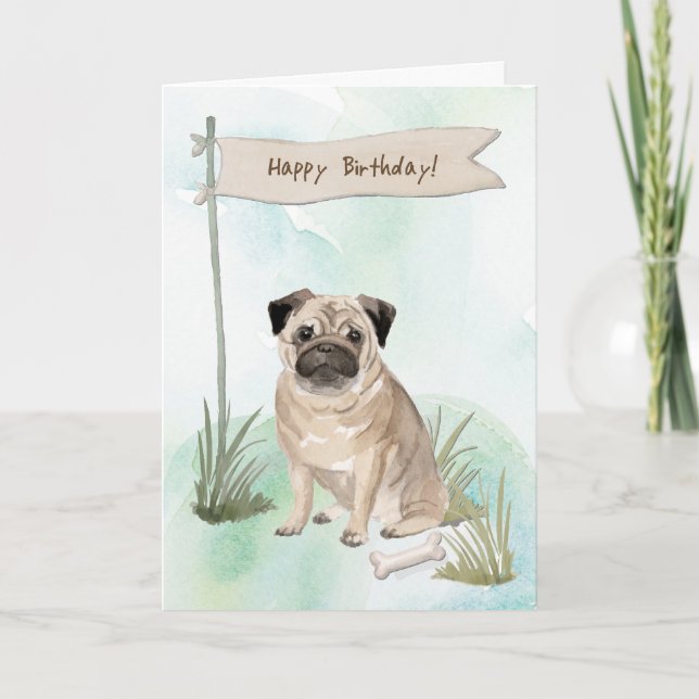 Tarjeta Perro Pug bajo Rótulo de cumpleaños (Anverso)