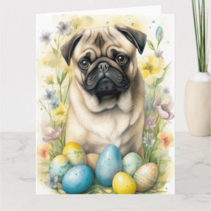 Tarjeta Perro Pug con festividad de huevos de Pascua