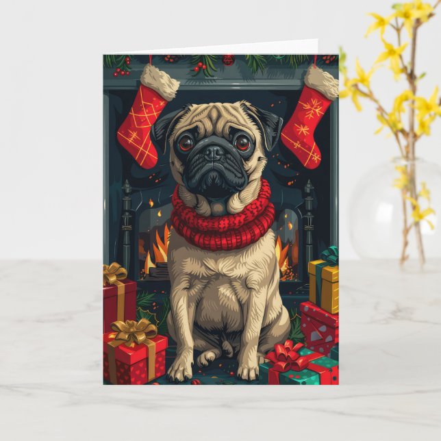 Tarjeta Perro Pug Con Navidades Regalos Chimenea (flor amarilla)