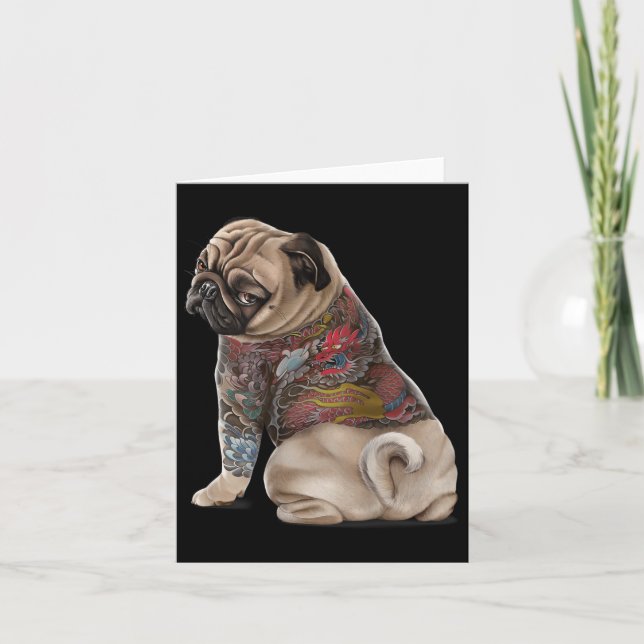 Tarjeta Perro Pug Con Tatuaje Dragón Japonés Tradicional I (Anverso)