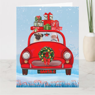 Tarjeta Perro Pug en coche con Papá Noel