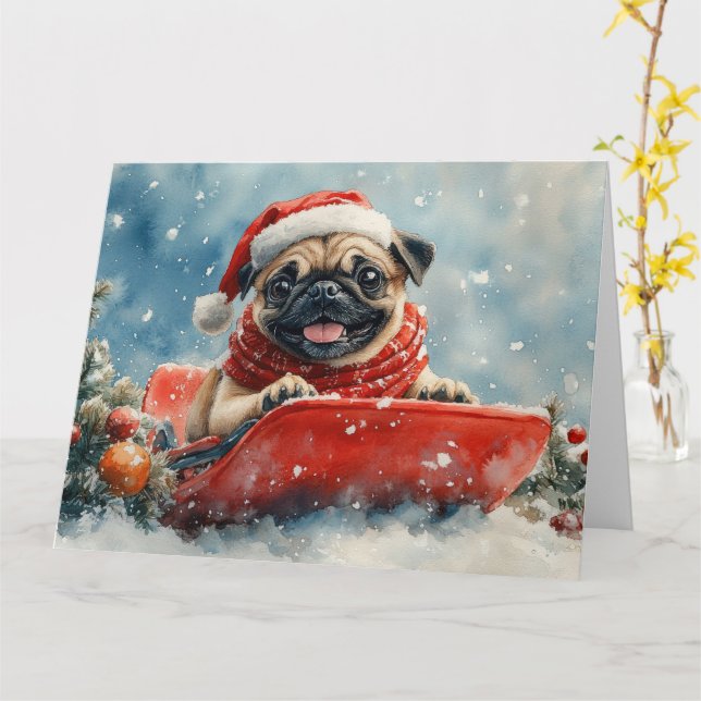 Tarjeta Perro Pug en Trineo Deja que Nieve Navidad (flor amarilla)