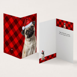 Tarjeta Perro Pug Fiesta Plaid Rojo Búfalo Navidad