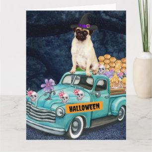 Tarjeta Perro Pug Halloween Camión Noche Espeluznante