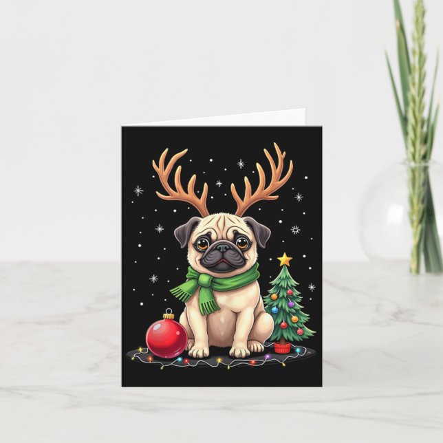 Tarjeta Perro pug reno Navidad Perro amante Familia gracio (Anverso)
