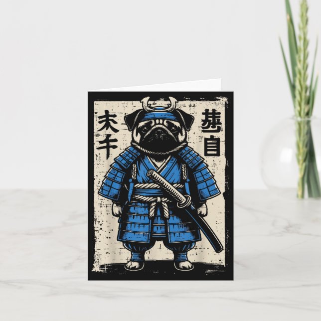 Tarjeta Perro Pug Samurái Arte Divertido Guerrero Japonés  (Anverso)