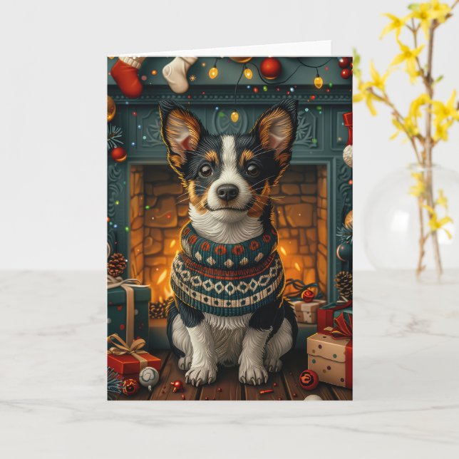 Tarjeta Perro Rat Terrier con regalos de Navidad junto a l (flor amarilla)