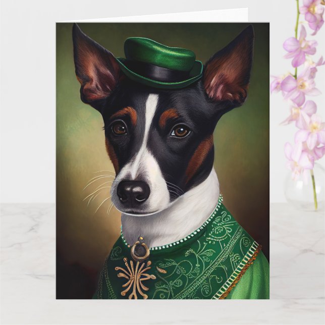 Tarjeta Perro Rat Terrier con vestido del día de San Patri (Orquídea)