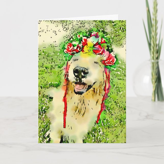 Tarjeta Perro recuperador de oro con acuarela de flor (Anverso)