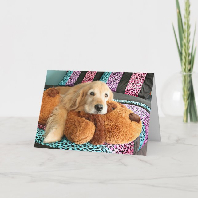 Tarjeta Perro recuperador de oro en la cama te extrañará (Anverso)