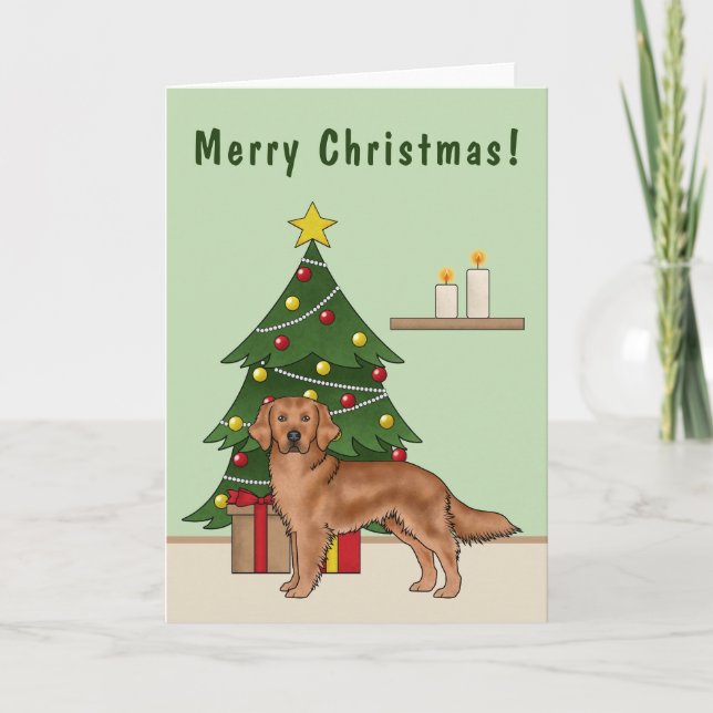Tarjeta Perro Red Golden Retriever Y Árbol Verde De Navida (Anverso)