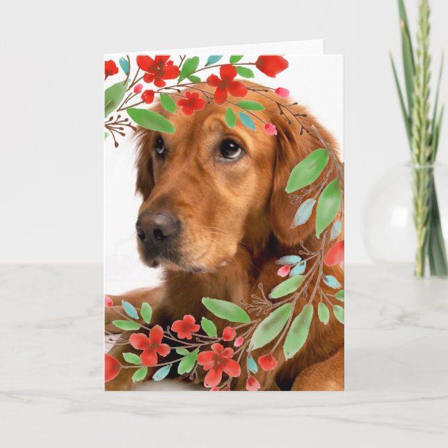 Tarjeta Perro Retriever Dorado con Flores Rojas Acuarela (Anverso)