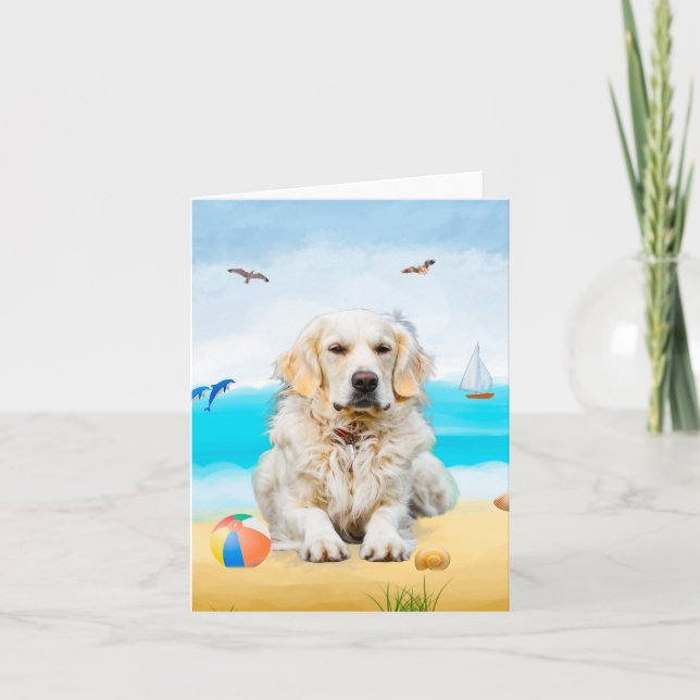 Tarjeta Perro Retriever Dorado en la Playa (Anverso)