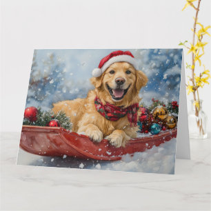 Tarjeta Perro Retriever Dorado en Trineo Nieve Navidad
