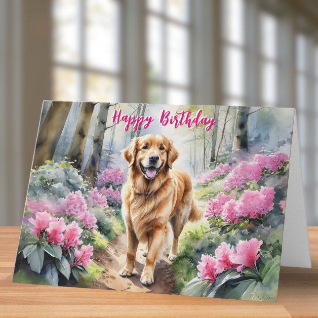 Tarjeta Perro Retriever Dorado Flores Rosas Feliz Cumpleañ (A birthday card with picture of a golden retriever dog by rhododendrons, in a watercolor style)