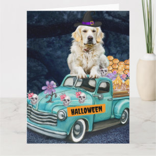 Tarjeta Perro Retriever Dorado Halloween Camión Noche Espe