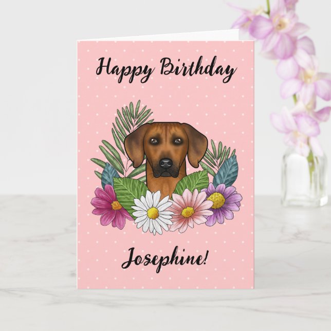 Tarjeta Perro Rhodesian Ridgeback y flores Feliz Cumpleaño (Orquídea)